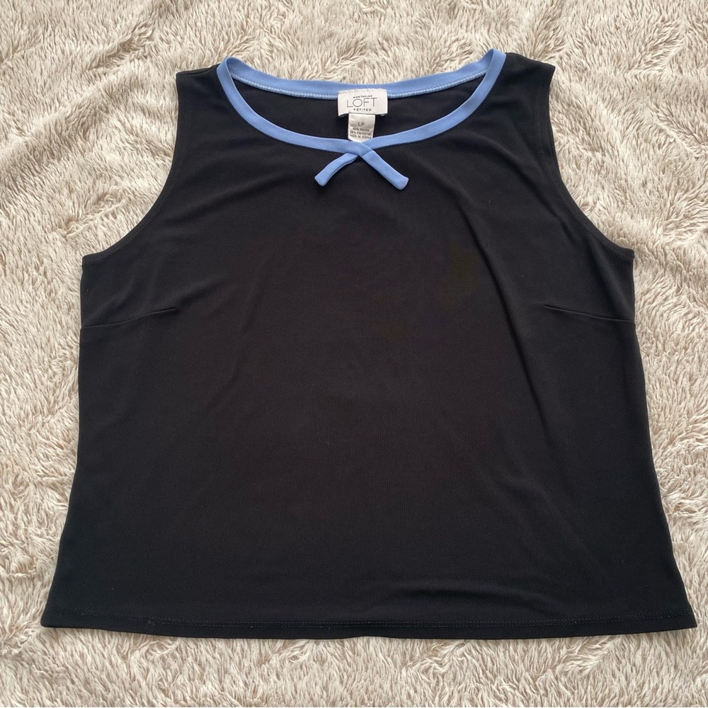 Ann Taylor Loft Shell Tank Women’s Sz LP Petite Sleeveless Black Light Blue Bow